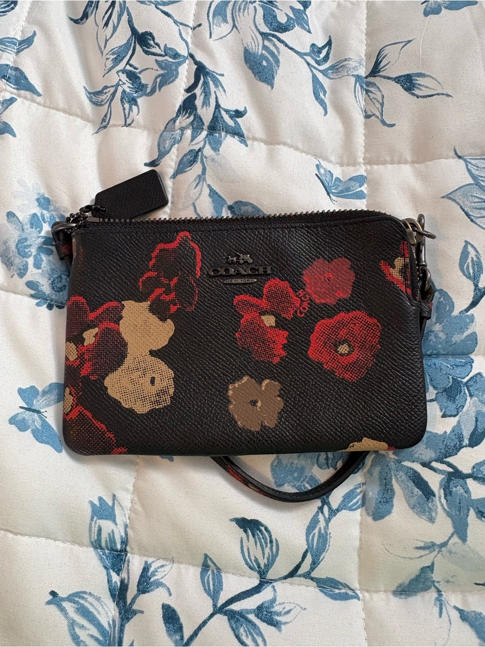 Coach Black Floral Zip Wristlet in Red and Cream